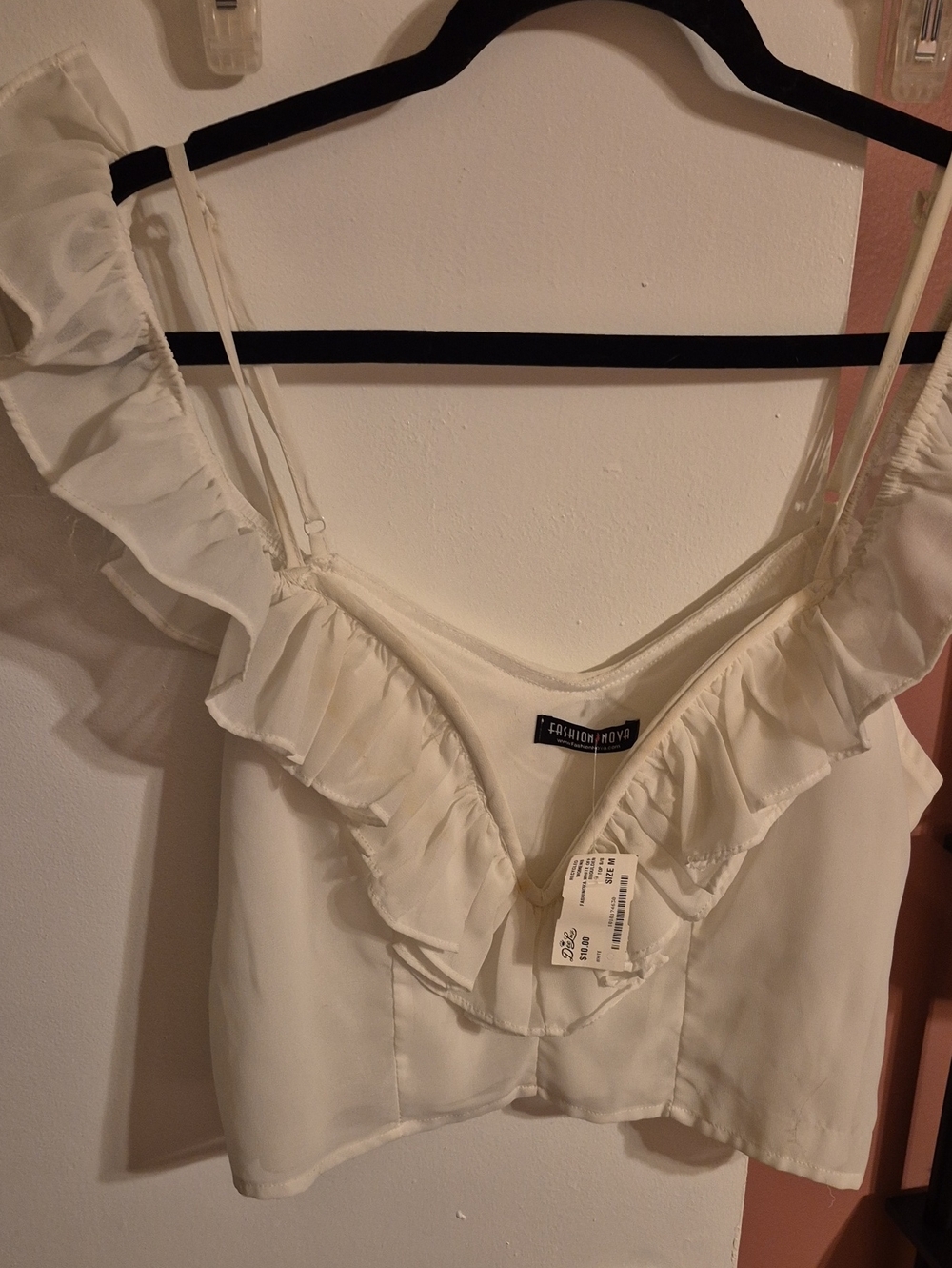 Fashion Nova Cream Ruffle Off Shoulder V-Neck Cami